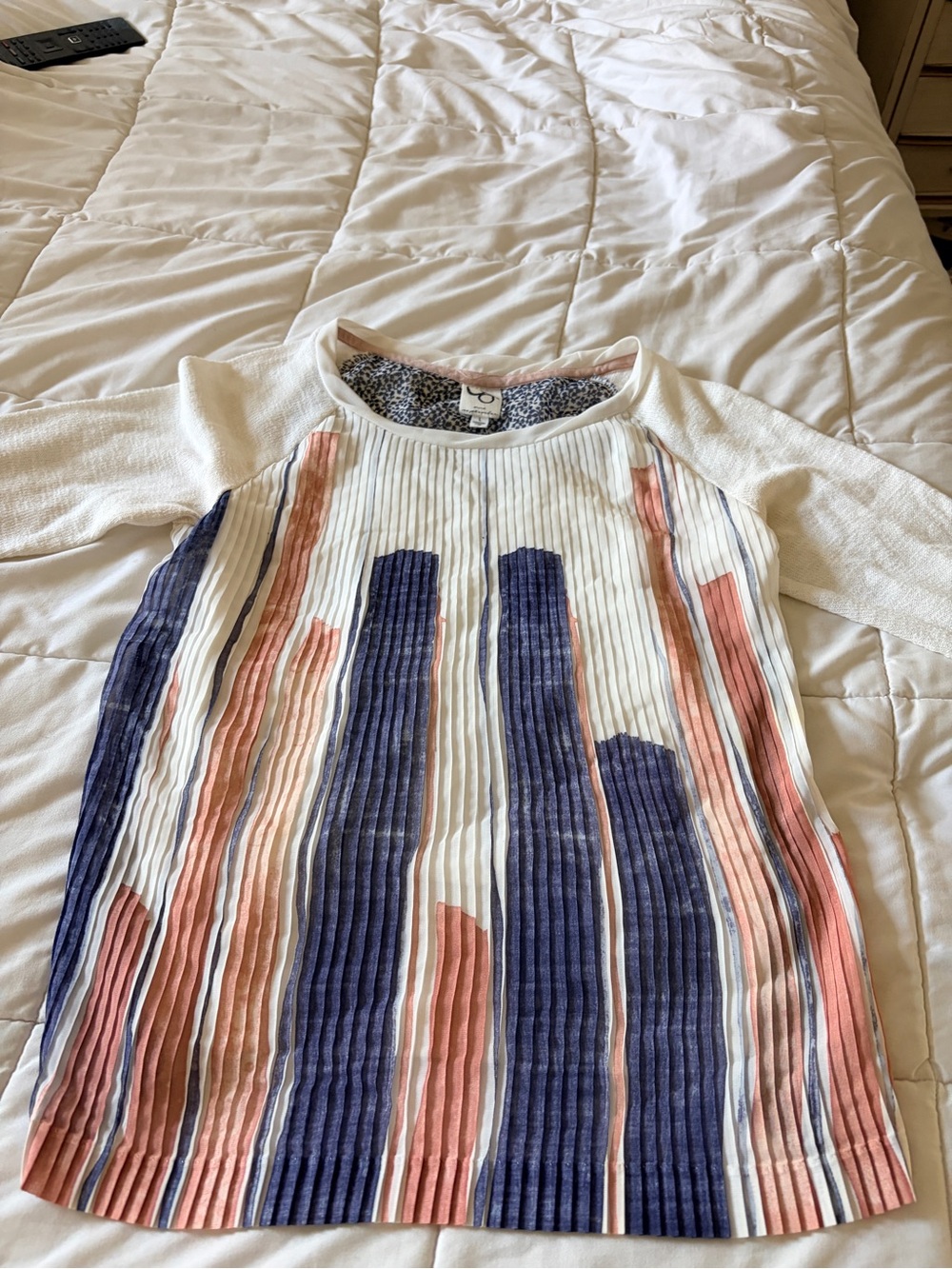 Anthropologie Cream Blouse with Blue and Coral Vertical Stripes